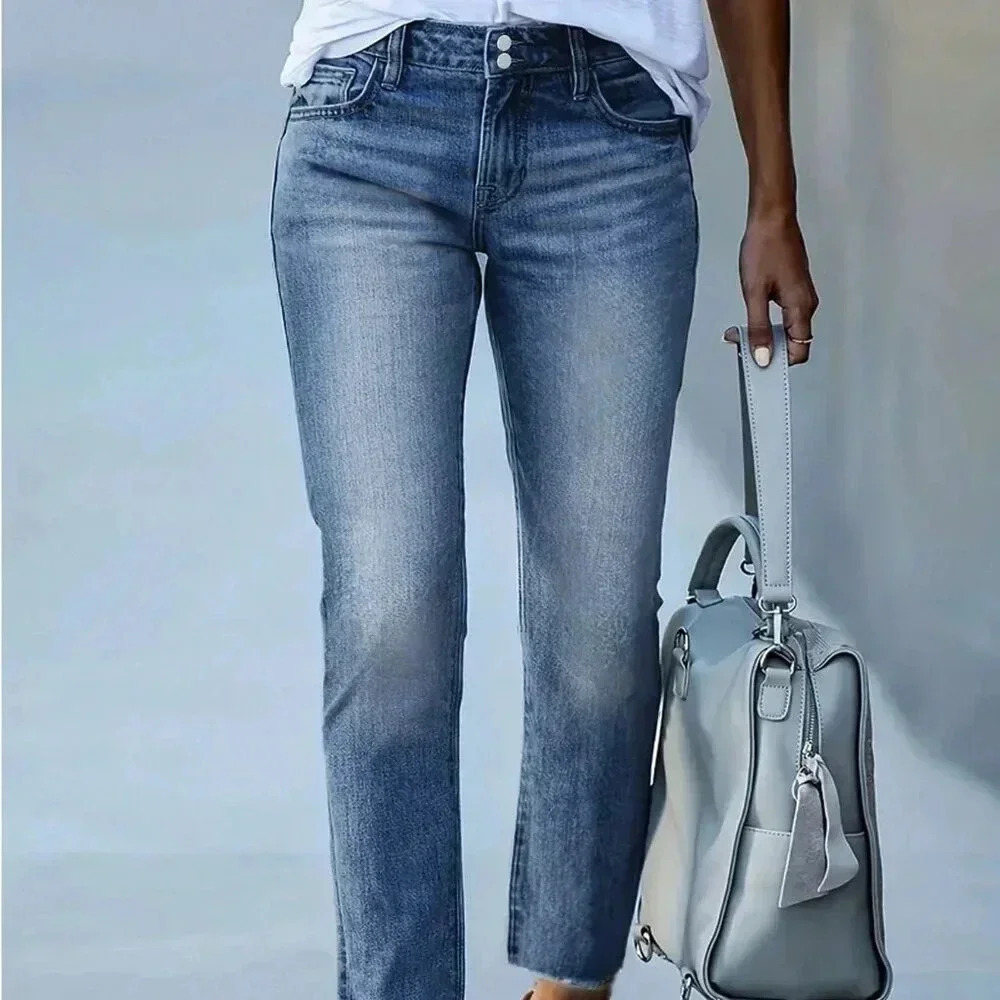 Medium Wash Casual Women's Basic Double-Breasted Denim Jeans